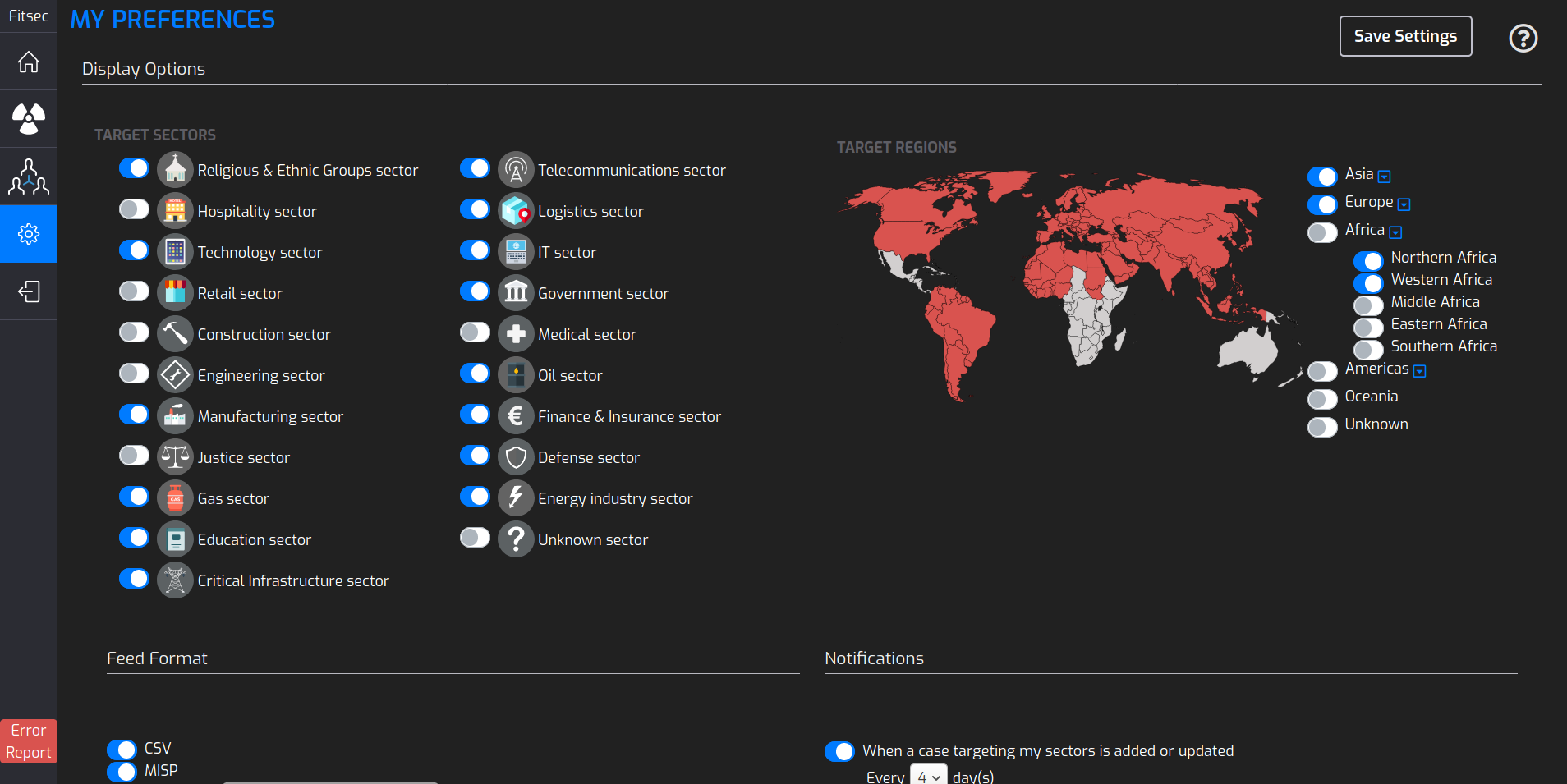 Settings page